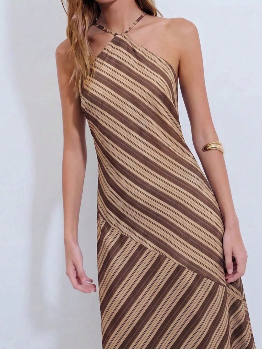 Khaki Casual Women's Striped Backless Knot Midi Halter Neck Dress - Picture 3 of 6